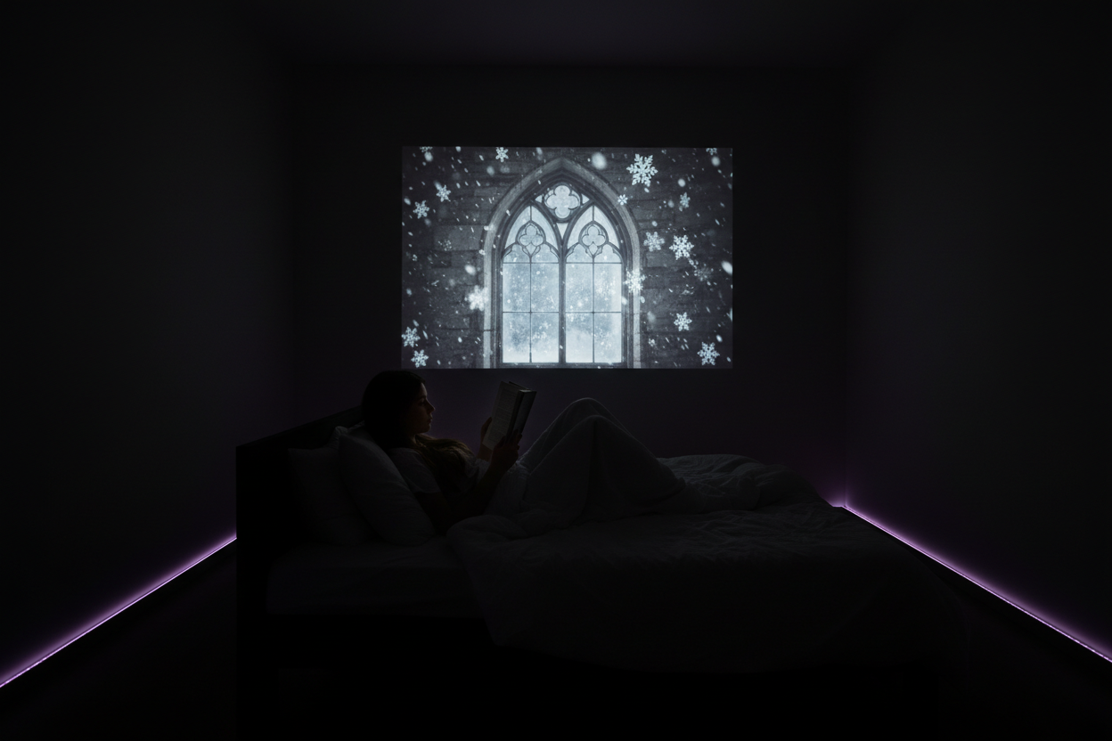 tres bien mais refais la meme chose avec un forma de projection type cinema et rend la neige plus realiste comme si cetait une photo de quand il neigeais